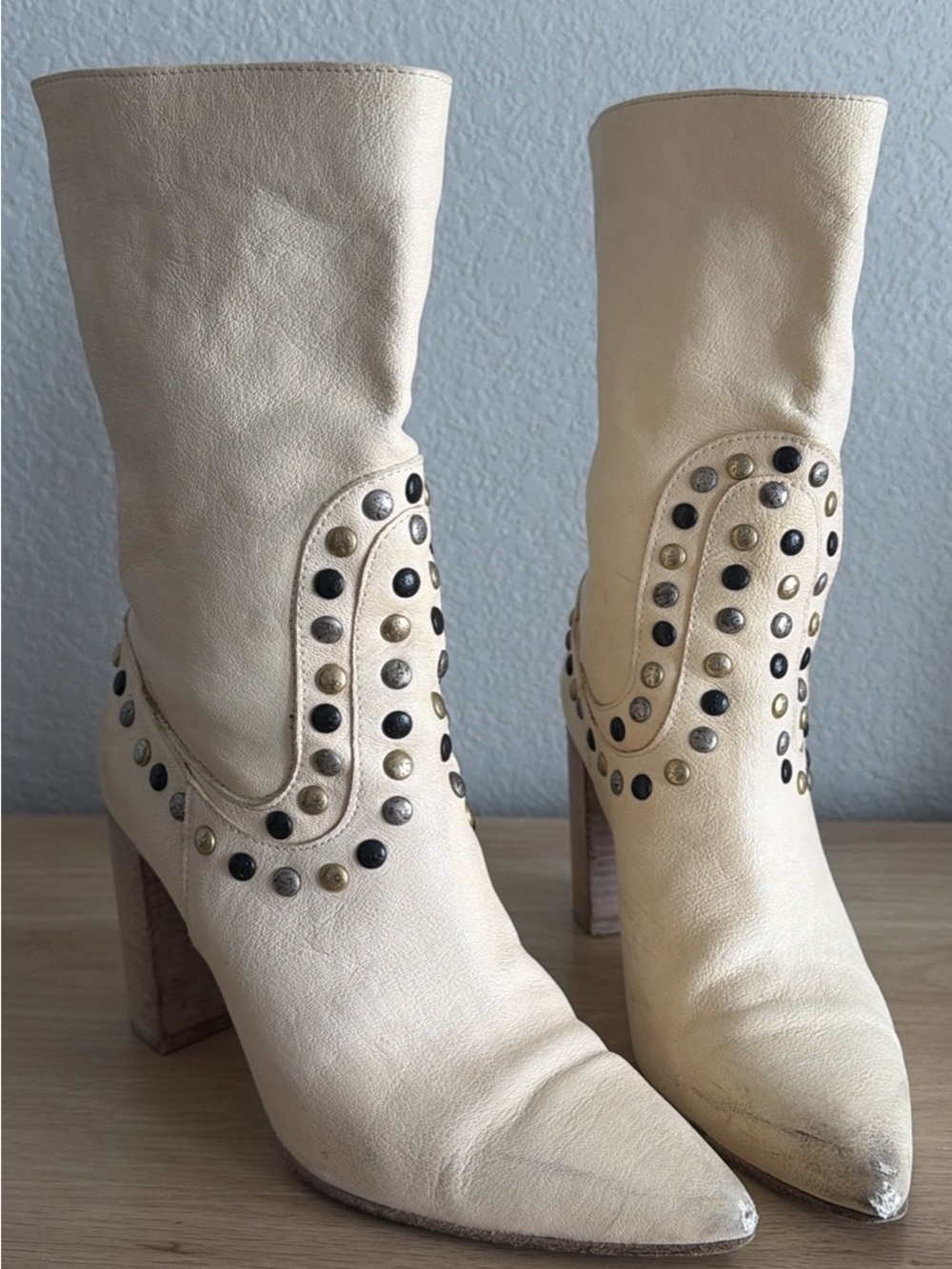 Vero Cuoio Cream Leather Studded Mid-Calf Boots